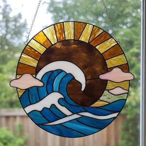 Ocean Wave Stained Glass Pattern, Sun and Wave Stained Glass Suncatcher, DIY Stained Glass Home Decor, Ocean Glass Pattern, PDF, Homea Decor