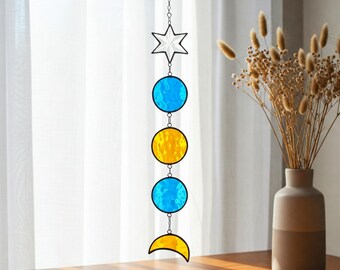 Attrape-soleil étoile et lune en vitrail : planètes colorées suspendues