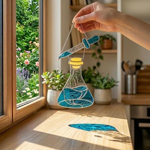 Può includere: Vetrata artistica raffigurante un pallone da laboratorio con liquido blu e una pipetta. Il pallone ha un tappo giallo ed è sospeso da una catena d'argento. Il pezzo è tenuto davanti a una finestra con vegetazione.