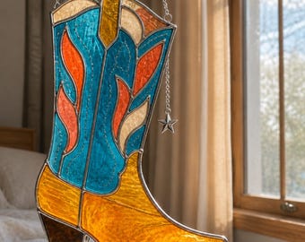 Cowboy Boot Stained Glass Pattern, Western Boot Stained Glass Suncatcher, Rustic Country Window Decor, DIY Glass Art Template