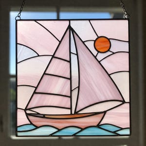 Sailboat Stained Glass Pattern, Pastel Sea Scene Suncatcher, DIY Stained Glass, Sunset Pattern PDF, Hanging Decor Home