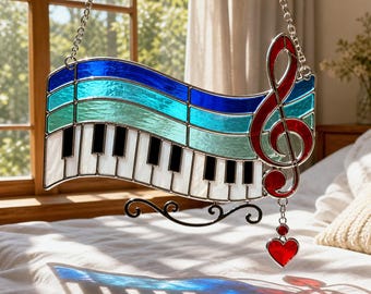 Music Notes Stained Glass Pattern, Piano Keyboard Suncatcher, Musical Window Hanging Decor, DIY Glass Art Template