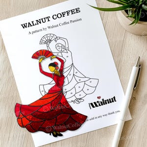 May include: A printable pattern for a stained glass craft project featuring a red flamenco dancer with a fan. The pattern is numbered and includes the text "Walnut Coffee" and "A pattern by Walnut Coffee Passion".