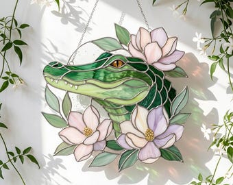 Alligator Stained Glass Pattern, Water Lily Alligator Suncatcher, Swamp Wildlife Window Hanging Decor, DIY Glass Template (Digital Download)
