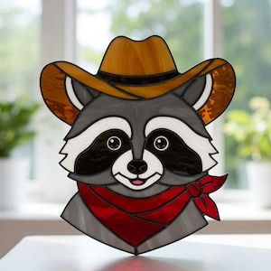 Cowboy Raccoon Stained Glass Suncatcher, Cowboy Raccoon with Bandana PDF Pattern Suncatcher, Country Home Decor, Animal DIY Stained Glass