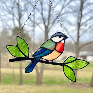 Colorful Bird Stained Glass Suncatcher, Handmade Songbird on Branch Hanging,  Bird Lover, Nature Lover Gift, PDF, DIY Stained Glass Pattern