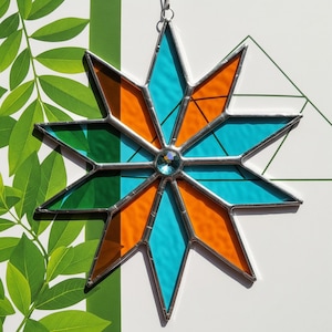 Geometric Star Stained Glass Ornament, Teal and Orange Suncatcher Star, PDF Pattern, Modern Decor Home, DIY Stained Glass