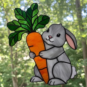 Bunny with Carrot Stained Glass Suncatcher, Cute Rabbit Stained Glass PDF Pattern, Farmhouse Kids Room Gift, DIY Pattern