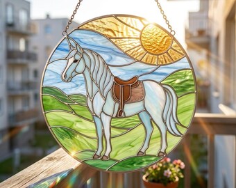 Horse Stained Glass Pattern, White Horse Landscape Suncatcher, Western Window Hanging Decor, DIY Glass Art Template
