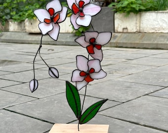 3D Stained Glass Pink Orchid: Floral Art on Wooden Base