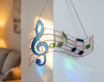 Stained Glass Music Notes Pattern, Treble Clef Glass Wall Art, Musical Staff Window Hanging, Music Lover Gift, Music Studio Decor