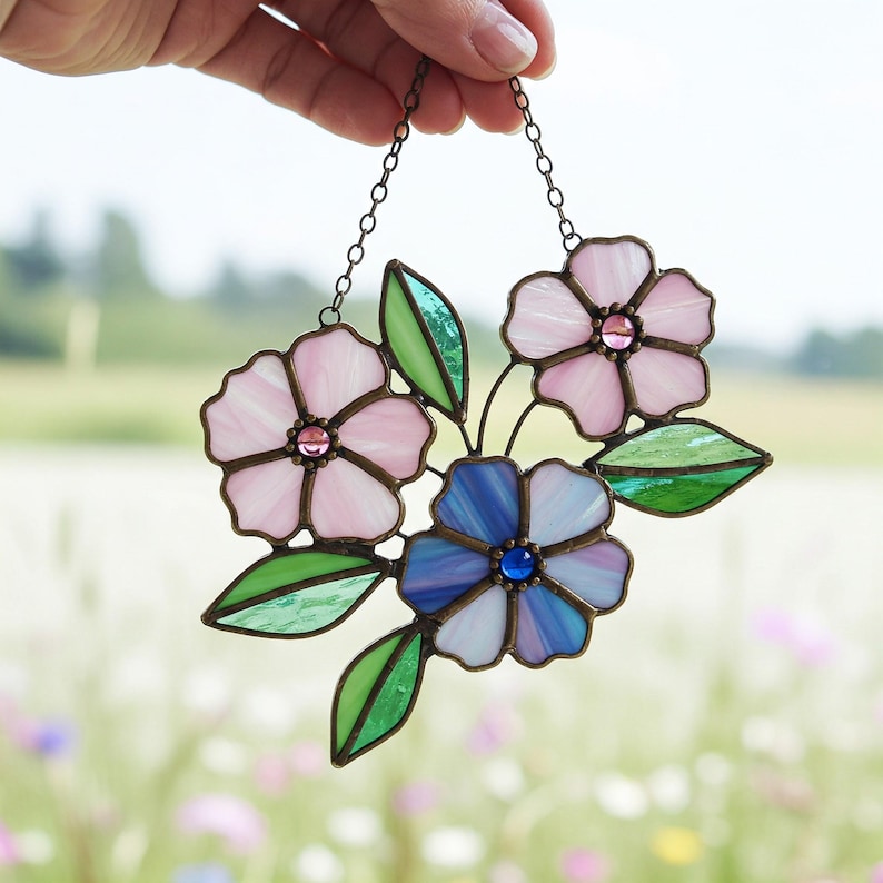 K&ouml;nnte beinhalten: Ein h&auml;ngendes Buntglasfenster mit einem floralen Design. Es sind drei Blumen abgebildet, zwei rosa und eine blaue mit violetten Akzenten. Die Blumen sind von gr&uuml;nen Bl&auml;ttern umgeben.