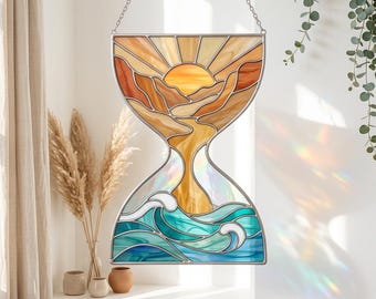 Hourglass Stained Glass Pattern, Ocean Sunset Hourglass Suncatcher, Coastal Window Hanging Decor, DIY Glass Art Template (PDF)