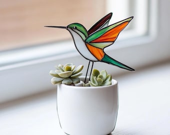 Pattern Humming Bird Plant Stakes Stained Glass, Hummingbird Stained Glass Suncatcher, DIY Stained Glass Home Decor, Pot Decor
