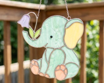 Baby Elephant Stained Glass Pattern, Cute Elephant Suncatcher, Nursery Window Hanging Decor, DIY Glass Art Template