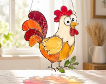 Rooster Stained Glass Pattern, Colorful Farm Rooster Suncatcher, Rustic Country Window Hanging Decor, DIY Glass Art (Digital Download)