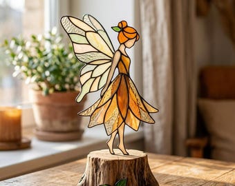 Stained Glass Fairy Pattern with Wood Base, Garden Fairy Figurine, Fantasy Table Decor, Whimsical Glass Art, Fairy Tale Lover Gift