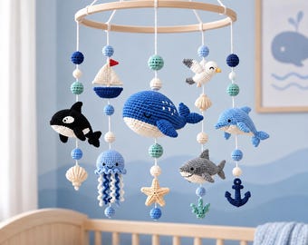 Crochet Ocean Baby Crib Mobile, Whale Orca Dolphin Shark Jellyfish Nursery Decor, Under the Sea Mobile, Handmade Baby Shower Gift