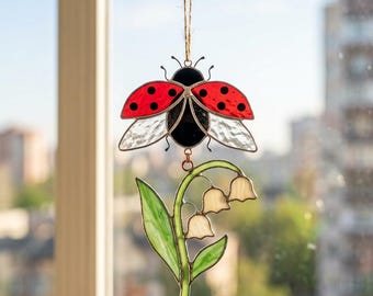 Ladybug and Lily of the Valley Stained Glass Pattern, Spring Garden Suncatcher, Floral Window Hanging Decor, DIY Glass Art(Digital Download)