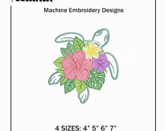 Sea Turtle Embroidery Designs, Hibiscus Flower Machine Embroidery File, Tropical Ocean Animal Embroidery Files (Digital Download)