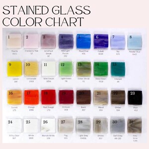 May include: A stained glass color chart with 31 different colors. Each color is labeled with a number and a name. The colors are arranged in rows and columns.