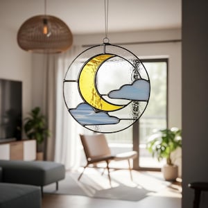 Crescent Moon and Clouds Stained Glass Suncatcher, Dreamy Moon Sky PDF Pattern Stained Glass, Celestial Decor Home, DIY Stained Glass