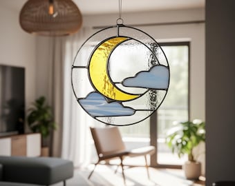 Crescent Moon & Clouds Stained Glass Pattern: Celestial Suncatcher DIY (PDF Download A3 Size)