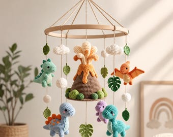 Dinosaur Baby Mobile, Crochet Dinosaur Nursery Mobile, Volcano Crib Mobile, Dino Baby Mobile, Jurassic Nursery Decor, Baby Shower Gift