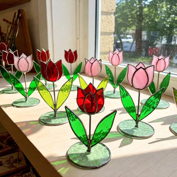 Stained Glass Tulip Suncatcher: Handmade Floral Table Decor