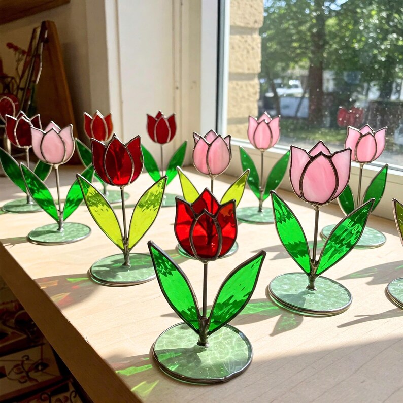 May include: A collection of stained glass tulips in various shades of pink and red. Each tulip is mounted on a green metal stand with leaves.