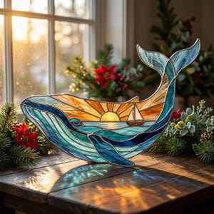 May include: A stained glass whale ornament featuring a sunset scene with a sailboat. The whale is crafted from various shades of blue and teal glass, while the center depicts a yellow sun and orange sky. It has a metallic frame and stands.