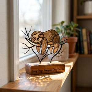 May include: A stained glass sloth figurine resting on a branch, mounted on a wooden base. The sloth is brown and tan, with a smiling face. The base has the text "Lazy Days, Nguyen's Cozy Corner".