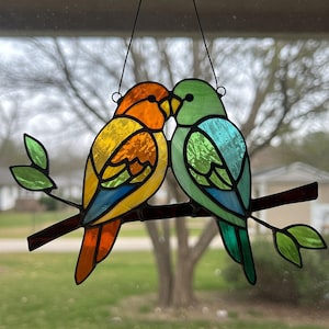 Bird Couple Stained Glass Pattern, Lovebird Stained Glass Suncatcher, Adorable Animal Pattern, Festive Pattern PDF, Hanging Home Decor