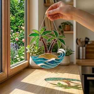 May include: Stained glass window art featuring a tropical island scene with two palm trees, a sandy shore, and ocean waves. The artwork is in shades of green, brown, blue, and gold, and is suspended by a silver chain. The piece is designed to catch the light.