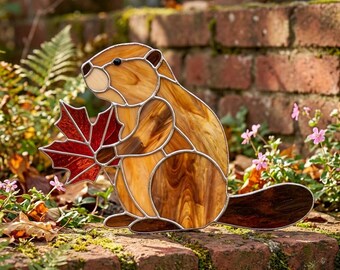 Beaver Stained Glass Pattern, Cute Beaver with Maple Leaf Suncatcher, Woodland Window Hanging Decor, DIY Glass Template (Digital Download)