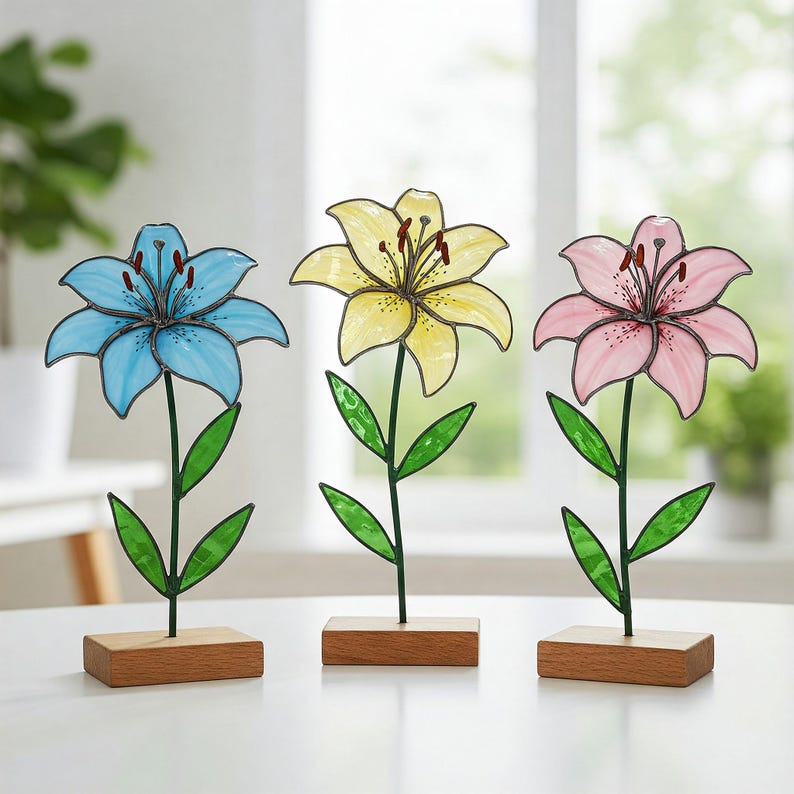 May include: Three stained glass lily flower sculptures on wooden bases. The lilies are blue, yellow, and pink.
