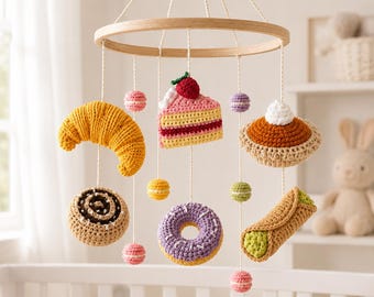 Crochet Food Baby Crib Mobile, Bakery Dessert Nursery Decor, Croissant Donut Cake Mobile, Handmade Newborn Gift, Baby Shower Gift Idea