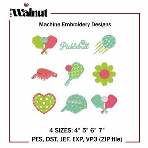 May include: Machine embroidery designs featuring pickleball-themed graphics. The designs include pickleball paddles, balls, a visor, a flower, a heart, and a hat. The designs are available in four sizes: 4", 5", 6", and 7".