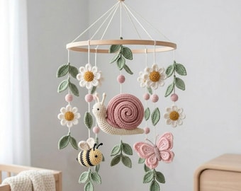 Garden Nursery Mobile, Crochet Bee Butterfly Crib Decor, Spring Meadow Baby Shower Gift, Snail Bird Ladybug Baby Mobile for Nursery Decor