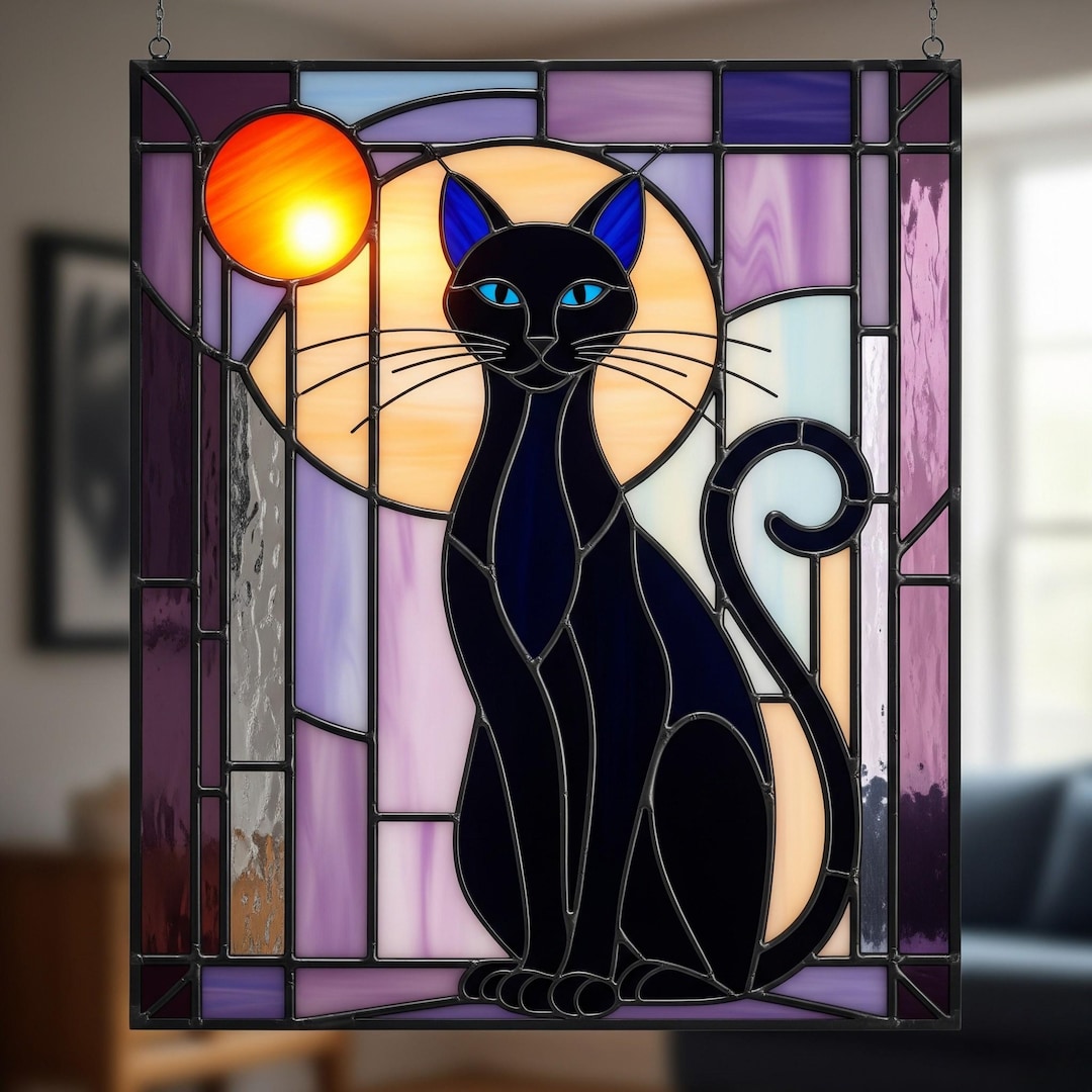 Black Cat Stained Glass Pattern, Sun Moon Window Hanging, Art Decor ...
