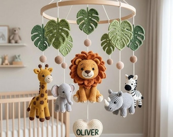 Safari Animal Nursery Mobile, Crochet Jungle Crib Decor Savanna Baby Shower Gift Personalized Lion Elephant Giraffe Hippopotamus Baby Mobile