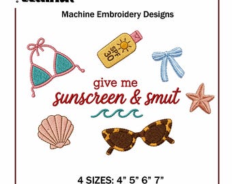 Give Me Sunscreen and Smut Machine Embroidery Design, Funny Beach Book Lover Quote, Summer Vacation (Digital Download)