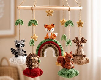 Crochet Woodland Baby Mobile, Forest Animal Crib Mobile with Fox Deer Raccoon Hedgehog Squirrel, Handmade Nursery Decor, Baby Shower Gift