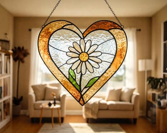 Daisy Heart Stained Glass Pattern, Floral Stained Glass Suncatcher, DIY Stained Glass Hanging Decor Home, Festive Pattern PDF, Gift For Her