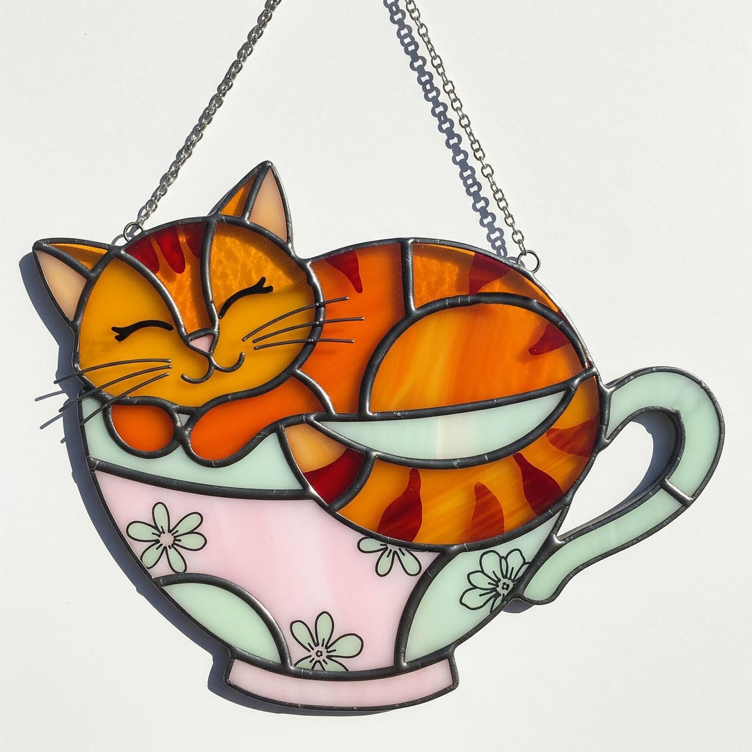 Sleeping Cat Teacup Stained Glass Suncatcher, Cute Cat Window Hanging ...
