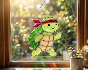 Turtle Stained Glass Pattern, Cute Ninja Turtle Suncatcher, Whimsical Window Hanging Decor, DIY Glass Art Template (PDF)
