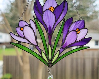 Atrapasol de vitral con flores de azafrán: ramo de flores silvestres hecho a mano