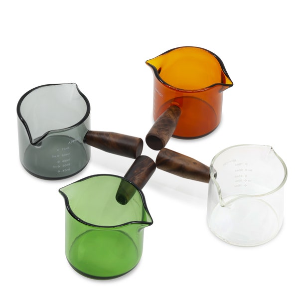 75 ml gekleurde espresso shotglas dubbele uitloop met walnoot handvat, koffiemaatbeker glas met walnoot handvat