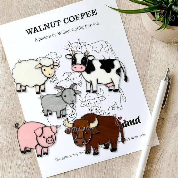 Farm Animals Stained Glass Pattern: Sheep, Pig, Cow, Goat, Buffalo (PDF)