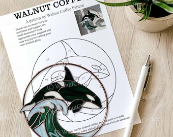 Patrón de vitral de orca Yin Yang, descarga digital, atrapasol de equilibrio de ballena, atrapasol moderno, vitral DIY, regalo para amantes del océano
